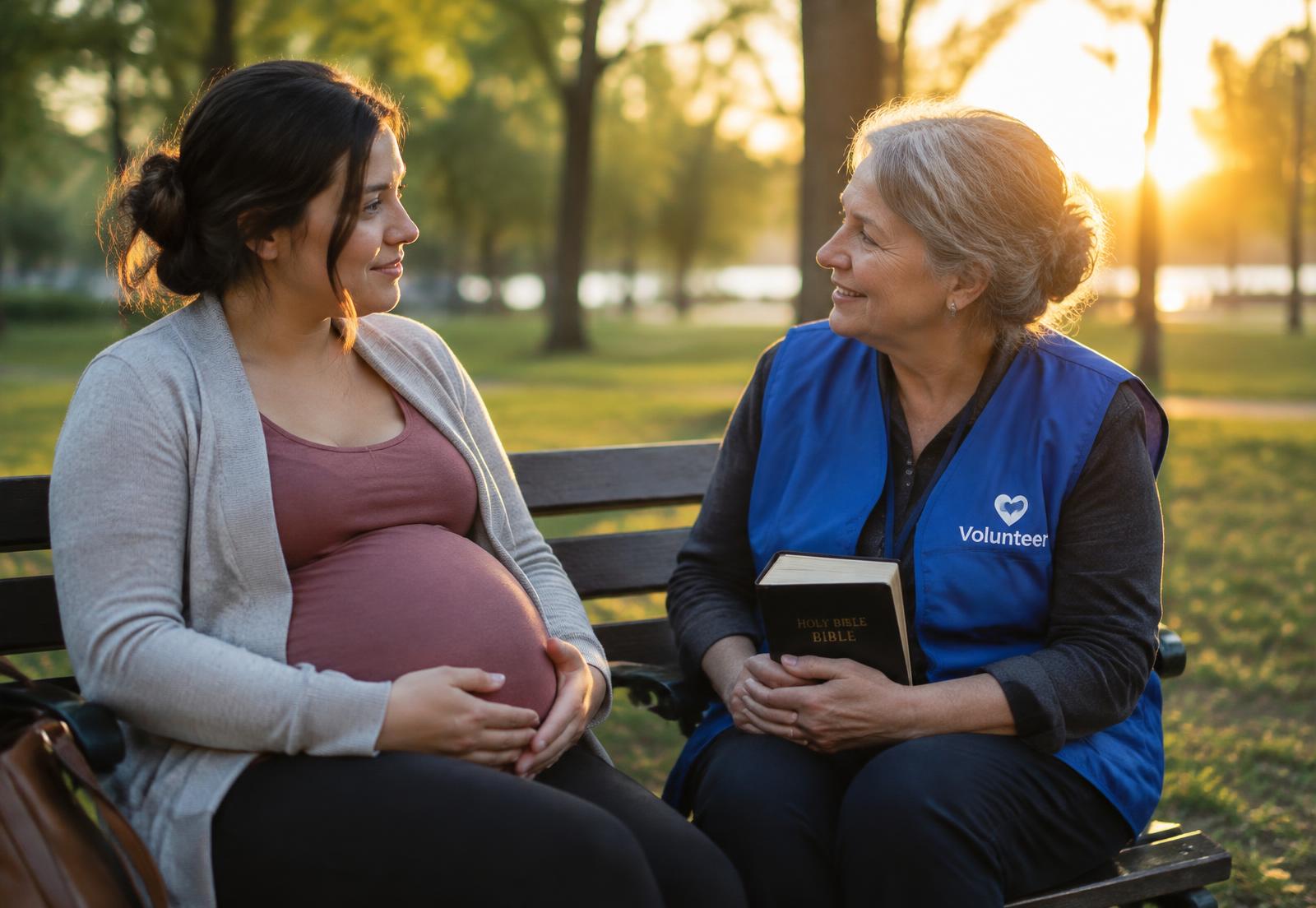 A volunteer talking with a pregnant mother on a park bench